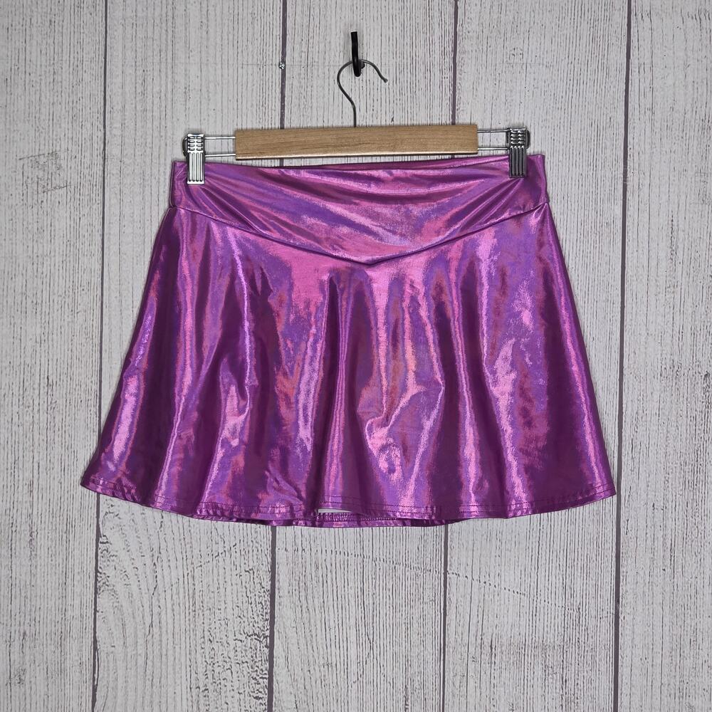 Dolls Kill Club Exx Pink Holographic Metallic Rave Skater Skort Skirt, sz Large